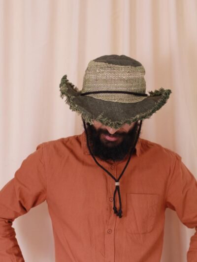 Model wearing a green-cruiser-string-hat, Hand-made in Nepal